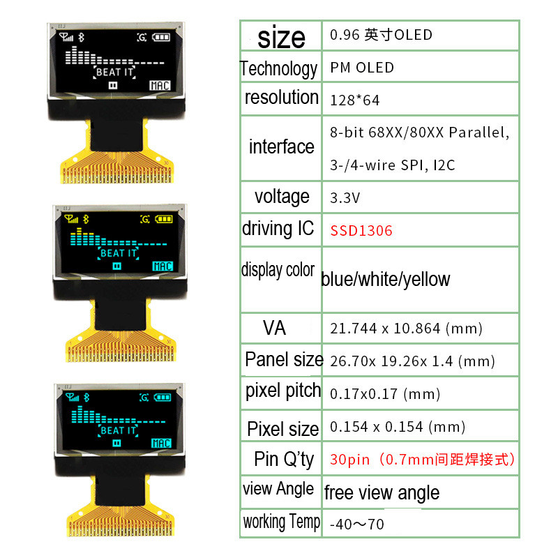 0.96 Inch PMOLED Display ,128x64 Resolution, 30pins 4 Wire SPI /I2C Interface, Driving IC SSD1306