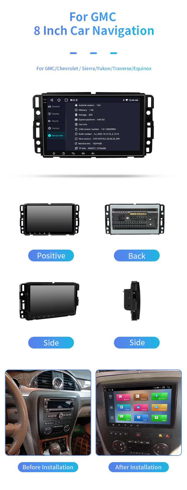 1.8GHZ 8 Core Android Auto Carplay Audio Stereo For GMC Navigation