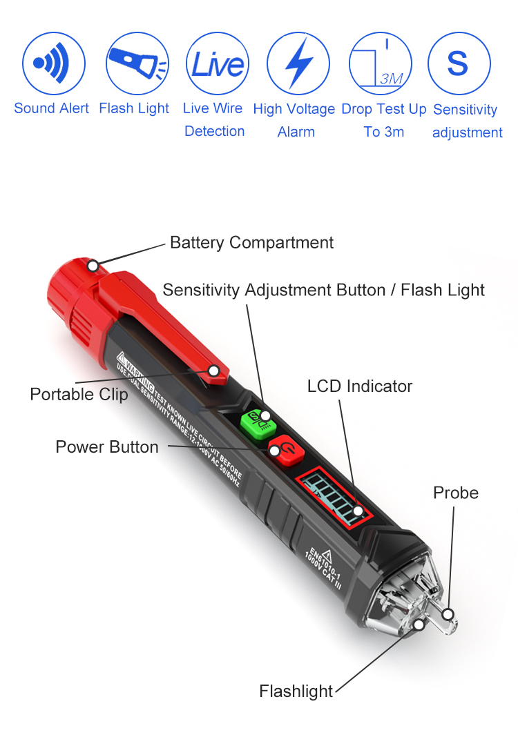Universal Pen Type Voltage Tester / Non Contact AC Voltage Detector Pen With Flashlight