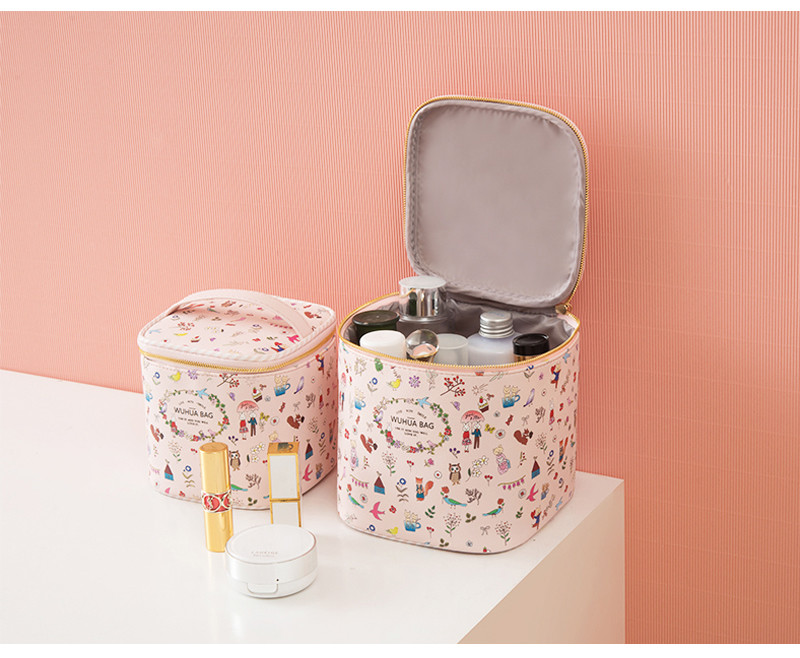 Metal Zipper PU Leather Cylinder Bucket Makeup Bag Case