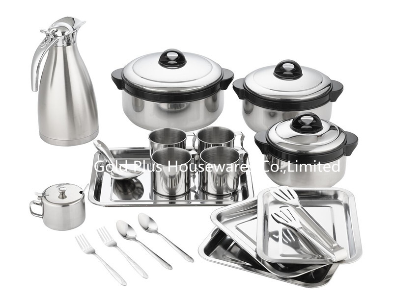 19pcs Cooking pots and pans set serving tray steel work food warmer soup pot coffee thermos pot milk mug