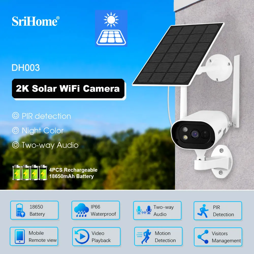 4MP WIfi HD Outdoor Solar Security Battery Camera Waterproof IP66 With PIR 2-Way Audio Full Color Infrared Night Vision