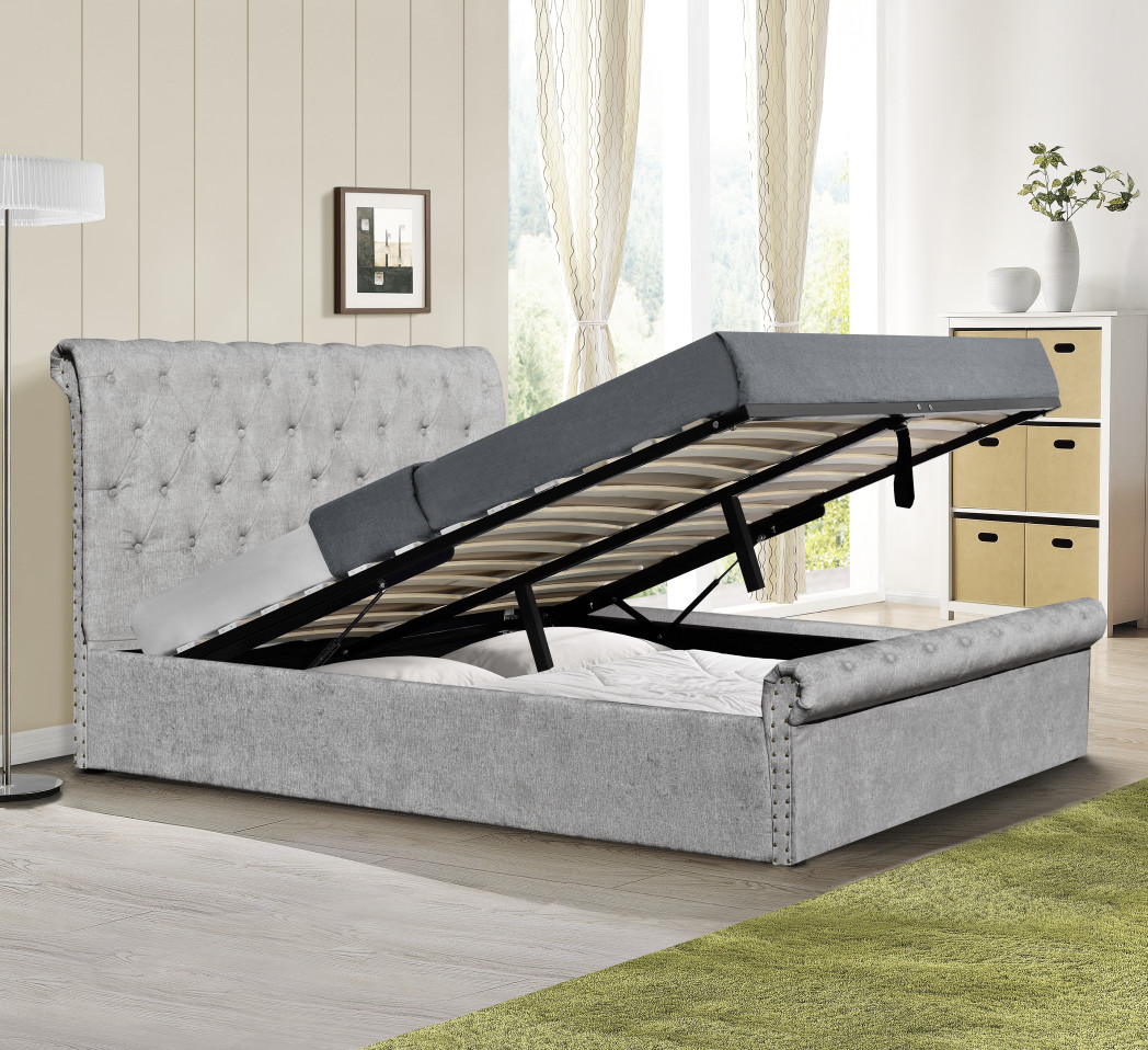 Plywood Chenille Ottoman Double Bed Frame With Storage Sleigh Shape Full Size