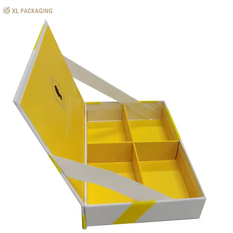 Yellow Velvet Finish Resin Logo Cosmetic Paper Box with Magnetic Closure and 4-Compartment Design for Skin Care Packaging