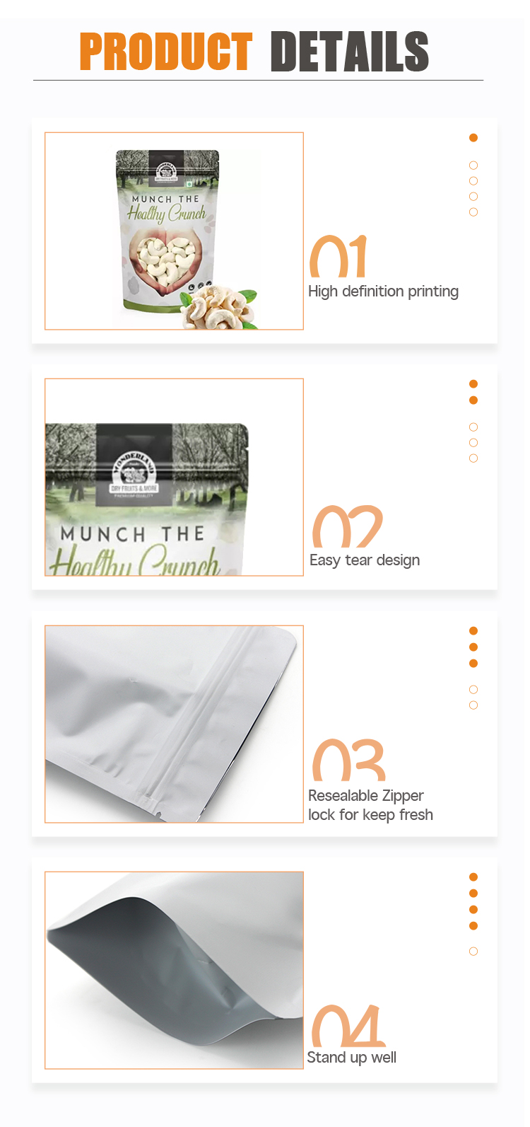 LDPE BOPP Frosted Clear Stand Up Pouch Mylar Packing Bags For Dry Fruits Nuts Snack