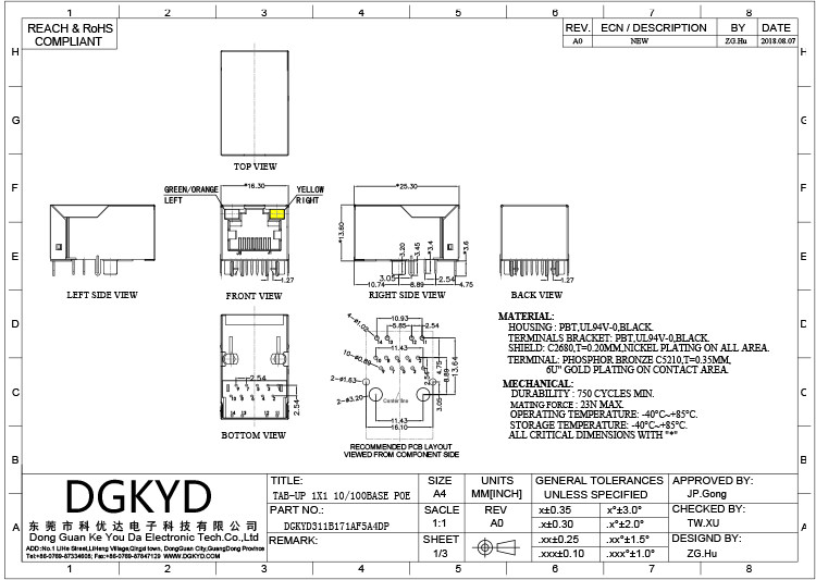DGKYD311B171AF5A4DP Tab up ethernet female jack port PoE++ Rj45 Lan Jack with Internal Magnetics 10 pins