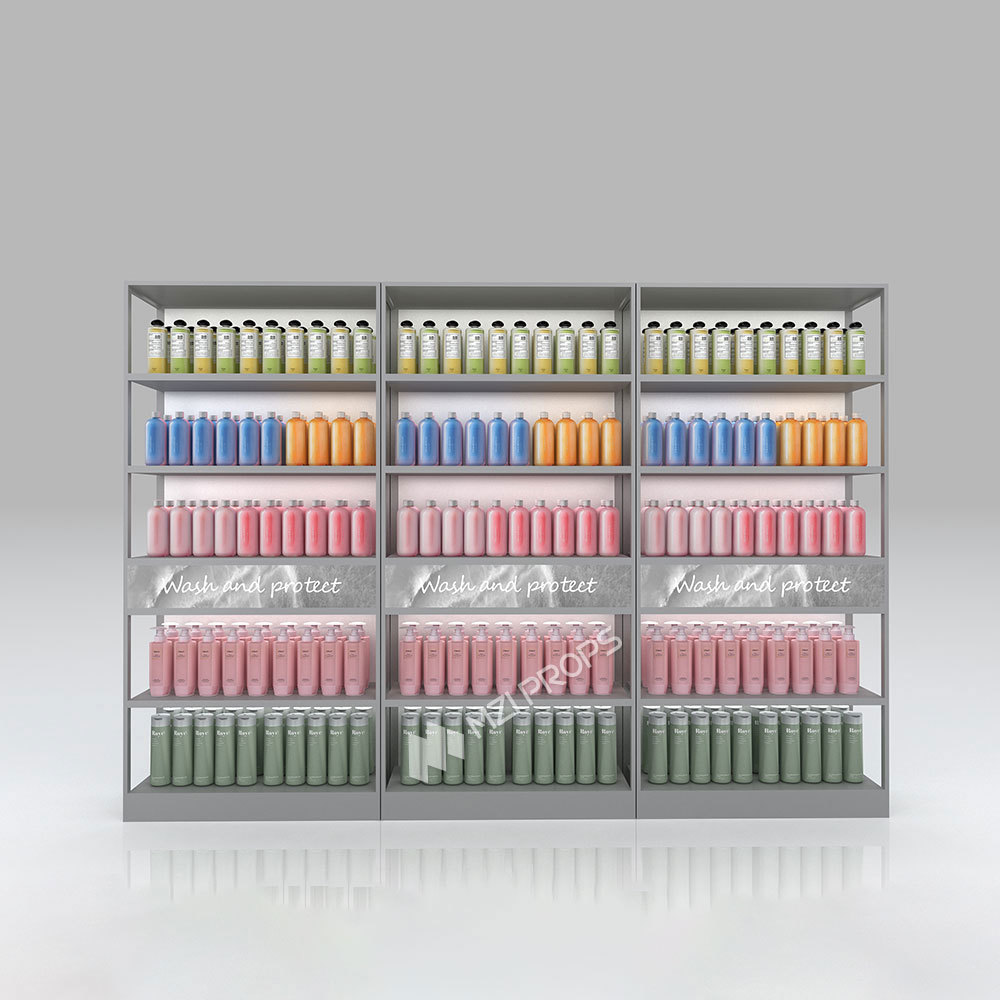 Gray Iron&Wooden Skincare Store Rack Cleaning Products Cabinet With Light Strips For Retail Store Design And Cosmetic Store Display