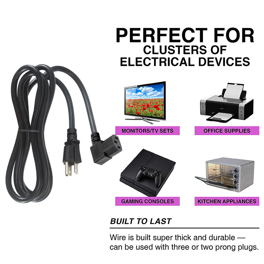 Angle Elbow Power Supply Cable Cord IEC C13 Plug American Extension 110V 10A