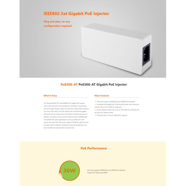 Customized Size POE30G-AT Gigabit Desktop High Power POE for Network Cameras Wifi CCTV Active Ethernet Injector Adapter