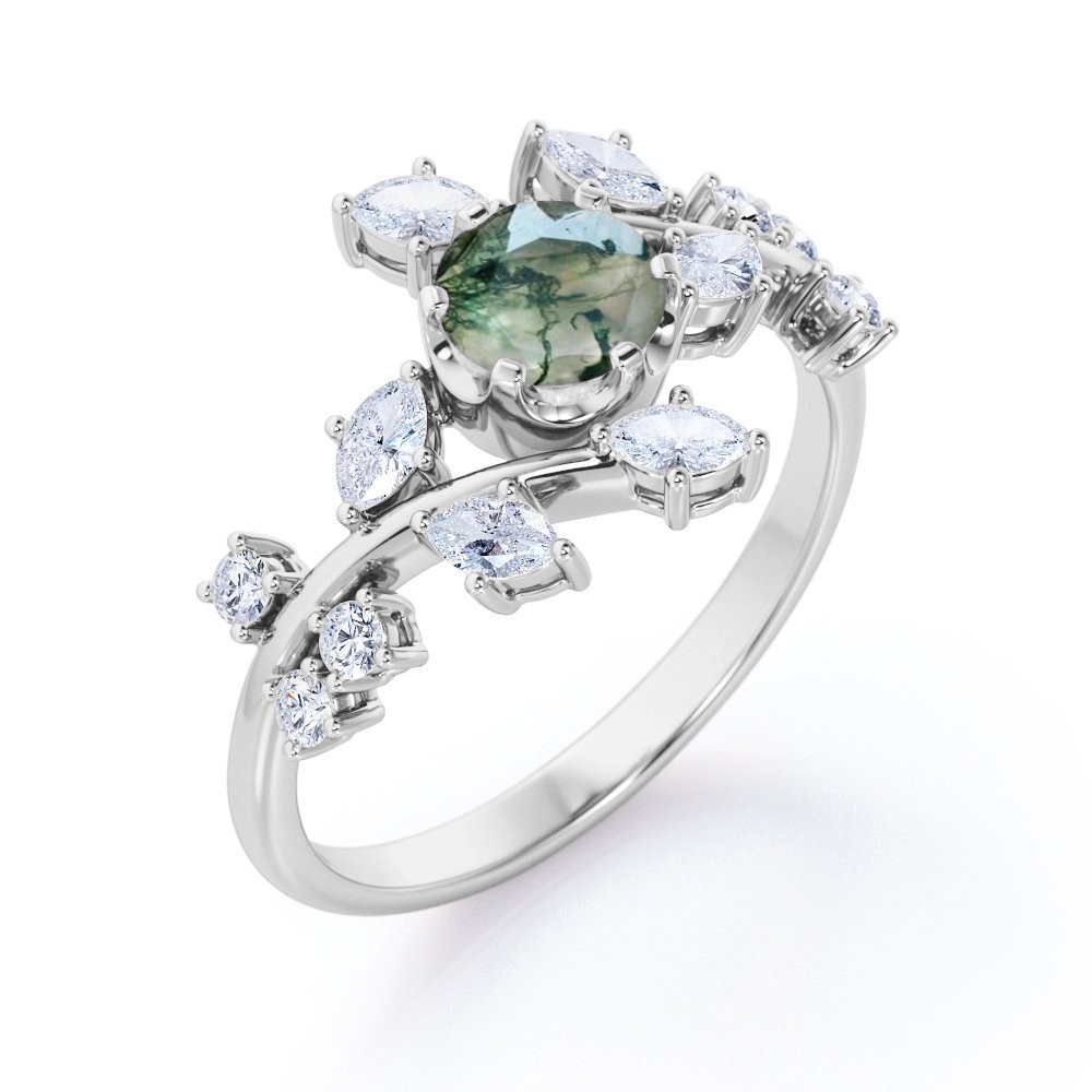 Branch Leaf Design 6 Prong Round Shaped Opaque Moss Green Agate And Moissanitet Ring