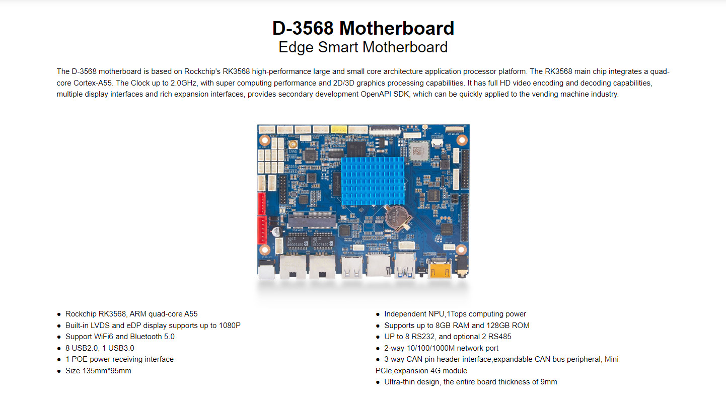 D-3568 Edge Smart Motherboard ARM quad-core A55 Optional OpenHarmony3.2