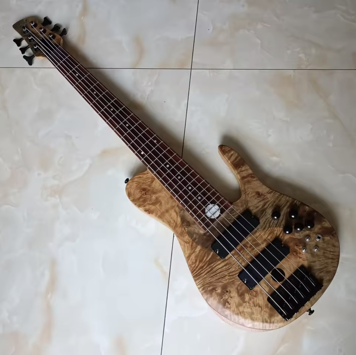 Custom 6 Strings Natural Ash Burl Spalted Maple Top Neck Through Body Electric Bass Guitar Black Imported Hardware​, Accept Bass OEM