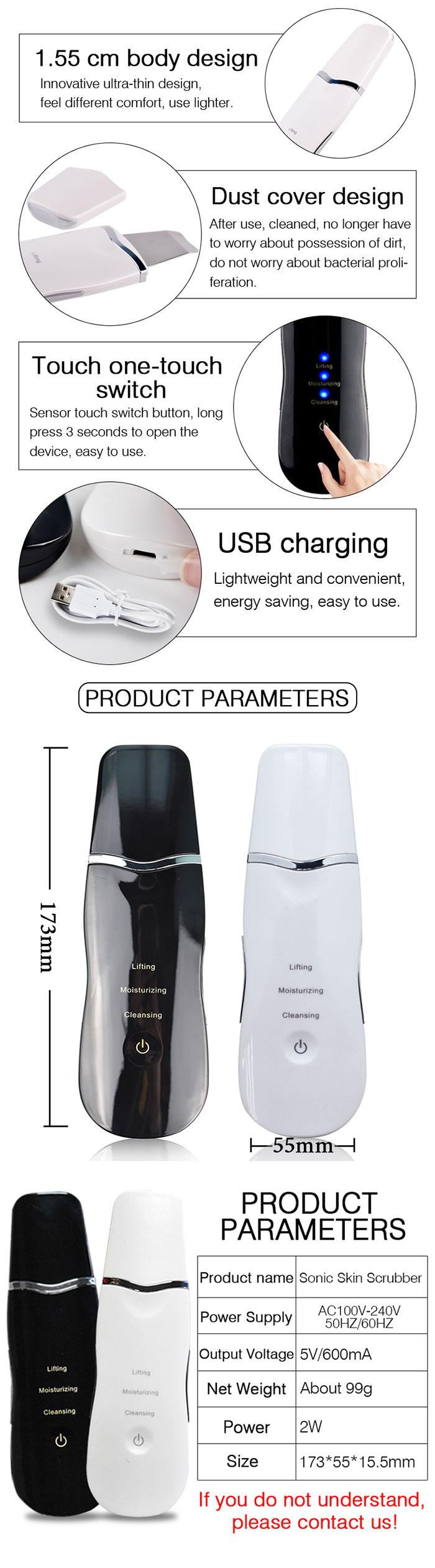 White Ultrasonic Facial Cleaner Ion Peeling Shovel Facial Pore Skin Scrubber