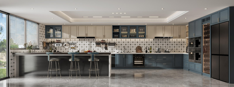 Versatile French Style Kitchen Cabinet With Indigo Blue And Cream Contrasting Design