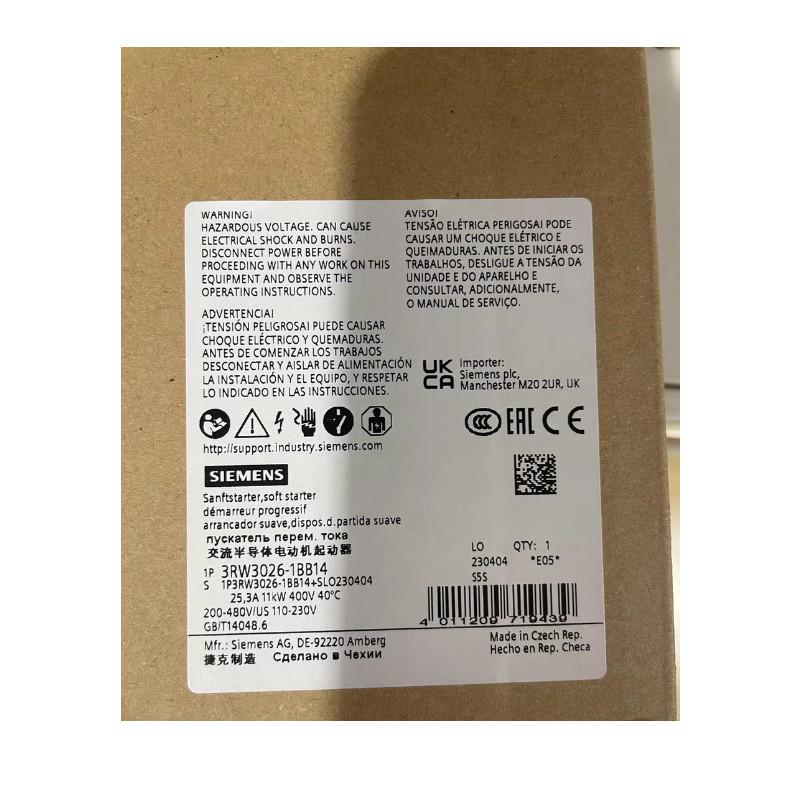 SIEMENS 3RW3026-1BB14 SIRIUS SOFT STARTER S0 25 A, 11 KW/400 V, 40 °C 200-480 V AC, 110-230 V AC/DC SCREW TERMINALS