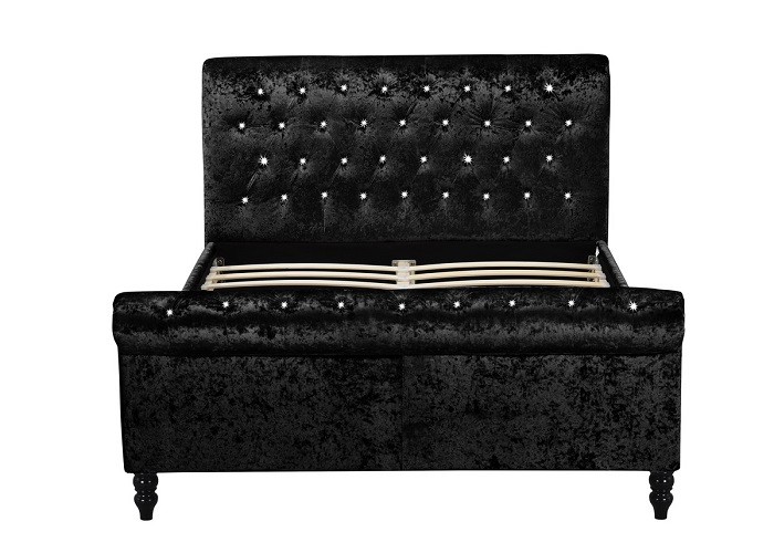 Luxury Silver Black Fabric Crushed Velvet Sleigh Bed Frame Double King Size