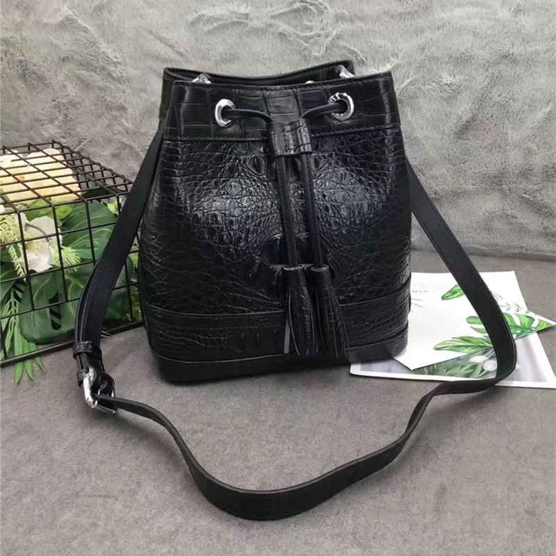 Authentic Crocodile Skin Drawstring Closure Women's Bucket Purse Exotic Alligator Leather Lady Small Tassel Shoulder Bag