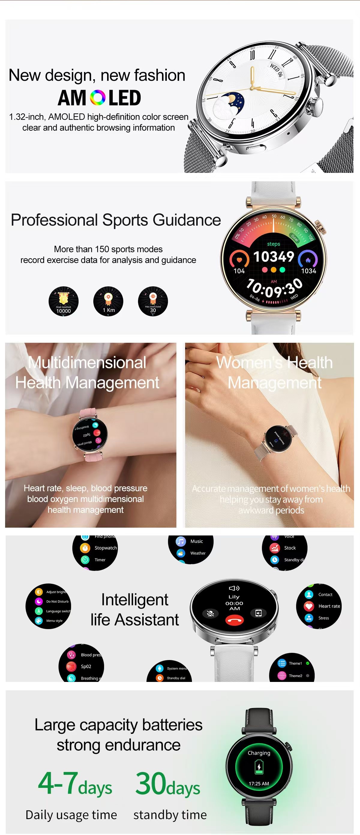 HK41 Women's Sport Smart watch 1.32inch AMOLED BT Connectivity Fitness Bracelet