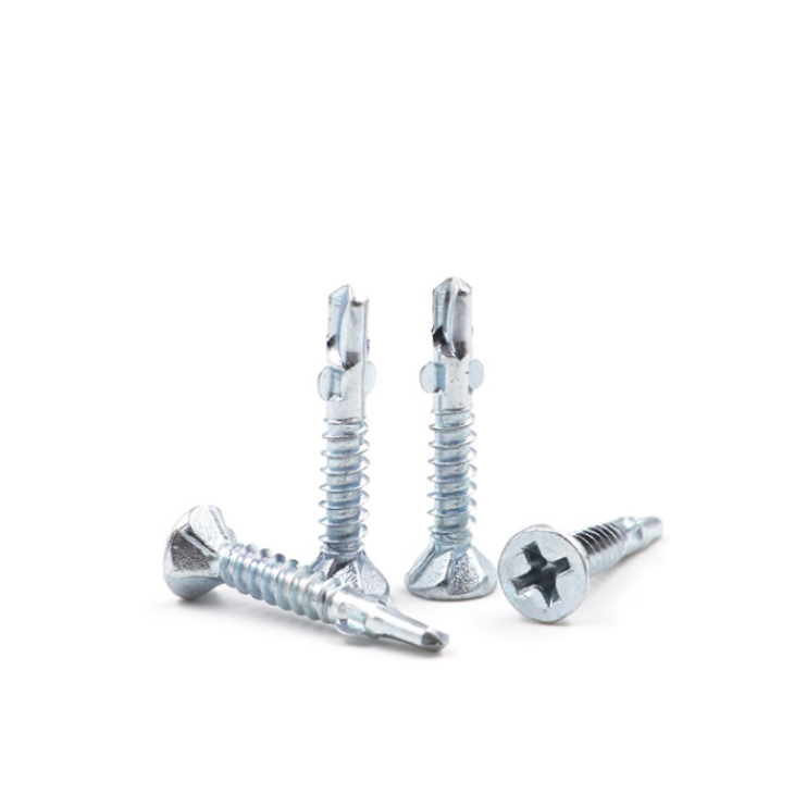 Flat Head Self Drilling Screw with Wings and Ears in Blue/Black/Yellow Zinc Plated