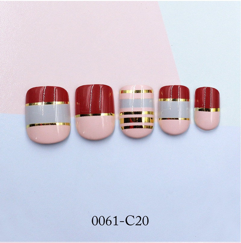 French Style Full Cover Red White And Blue Nails With Metallic Gold