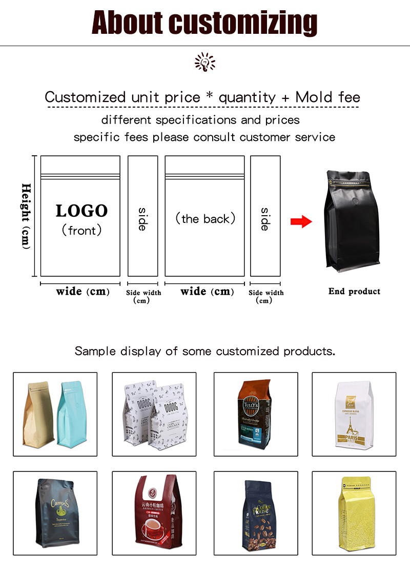 Food Grade Aluminum Foil Coffee Sachet Bag Flat Bottom 300 Micron With Zipper Valve
