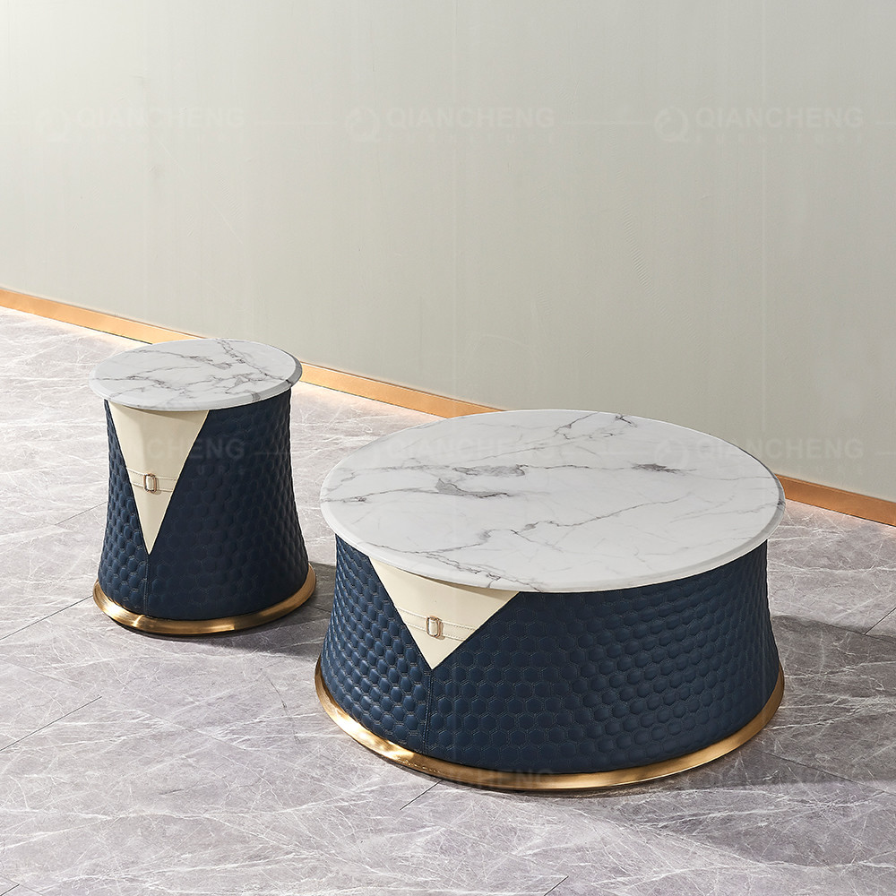 Light Luxury Round Coffee Table SS With Storage Stone Top Set Of 2 Fully Assembled Sofa Table Set