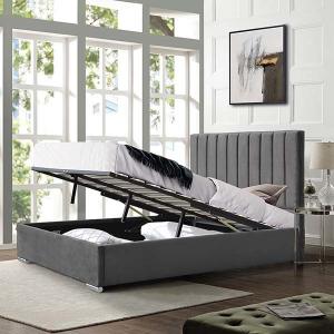 China Grey Velvet Ottoman Gas Lift Storage Bed Faux Leather With High Headboard on sale