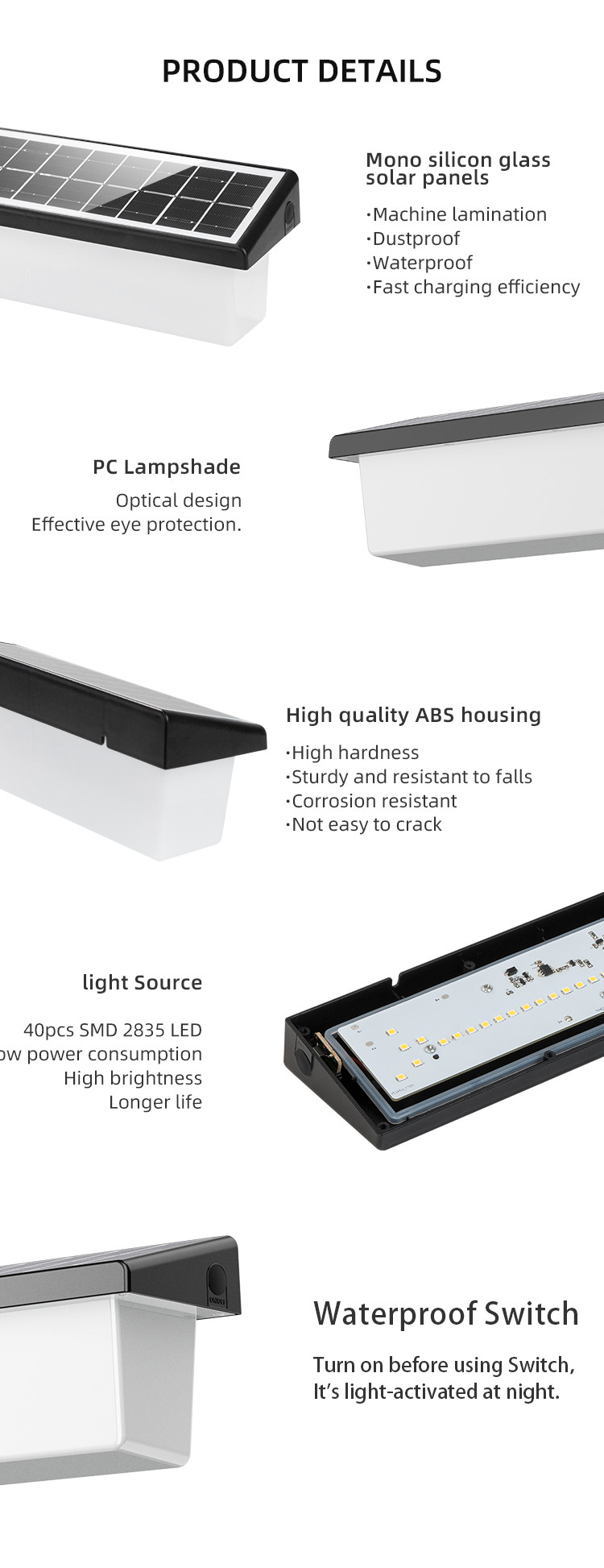 1 Year Warranty Solar Outside Wall Lights ABS+PC Material Solar Garden Lights Outdoor Wall Led