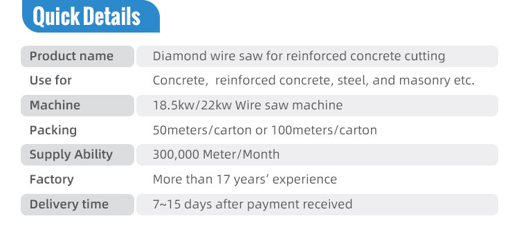Diamond Wire Saw Reinforced Concrete Cutting Rope 11.5mm Rubber Spring Wire with Support
