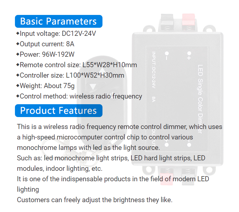 5050 LED Single Color Dimmer 12v 24v , 3 Keys Wireless LED Remote Dimmer Switch