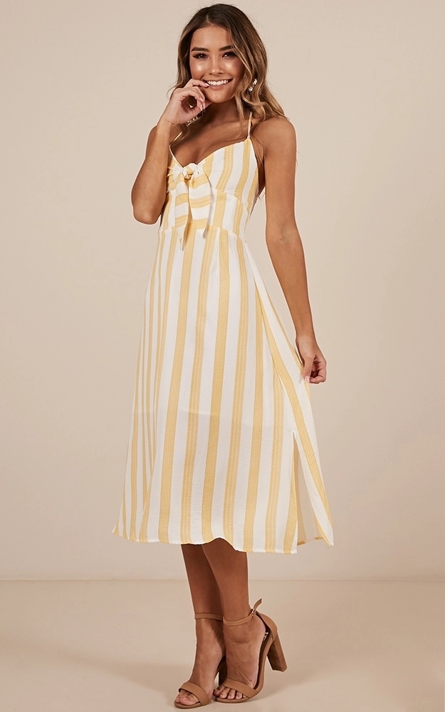 New arrival High Quality Mustard Stripe Beach Dress Summer Women Maxi Dress Ladies Sleeveless