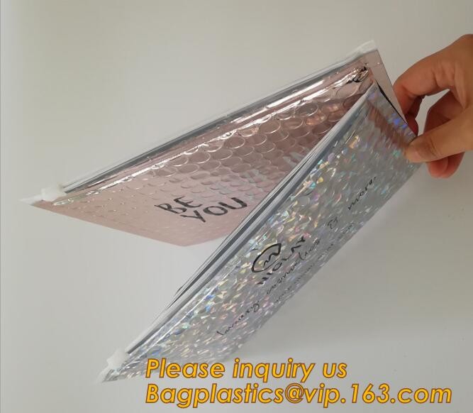 Holographic Factory Shiny gold Cosmetic bag Zipper Bubble Bag zip-lock Slider Padded Mailer metallic bubble zipper bagea