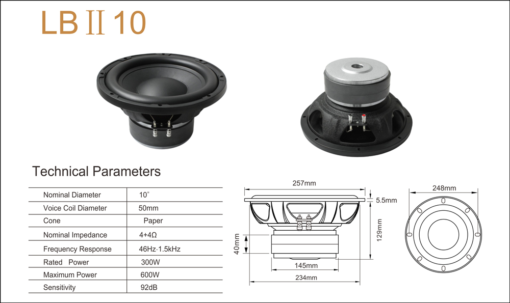 Paper Cone Ferrite Magnet 10 Inch 1.5kHz Car Amp Woofer
