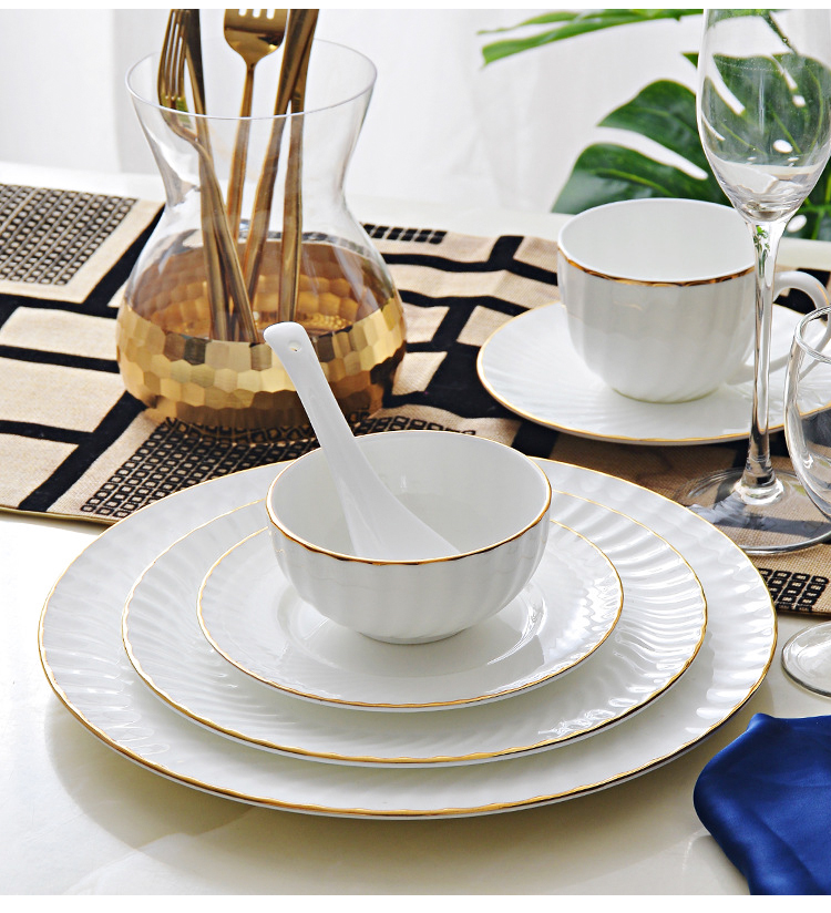 Gold line White Bone china embossed tableware Wedding Ceramic charger plate Dinner plate dish bowl mug coffee cup freely