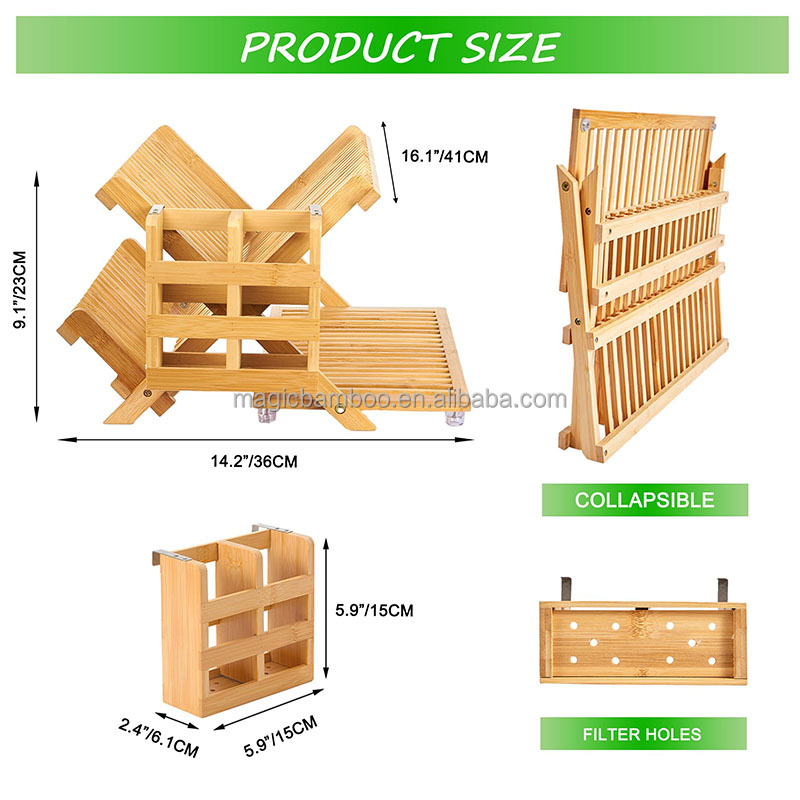 Collapsible 3 tier Bamboo Wooden Dish Drying Rack With Utensil Holder