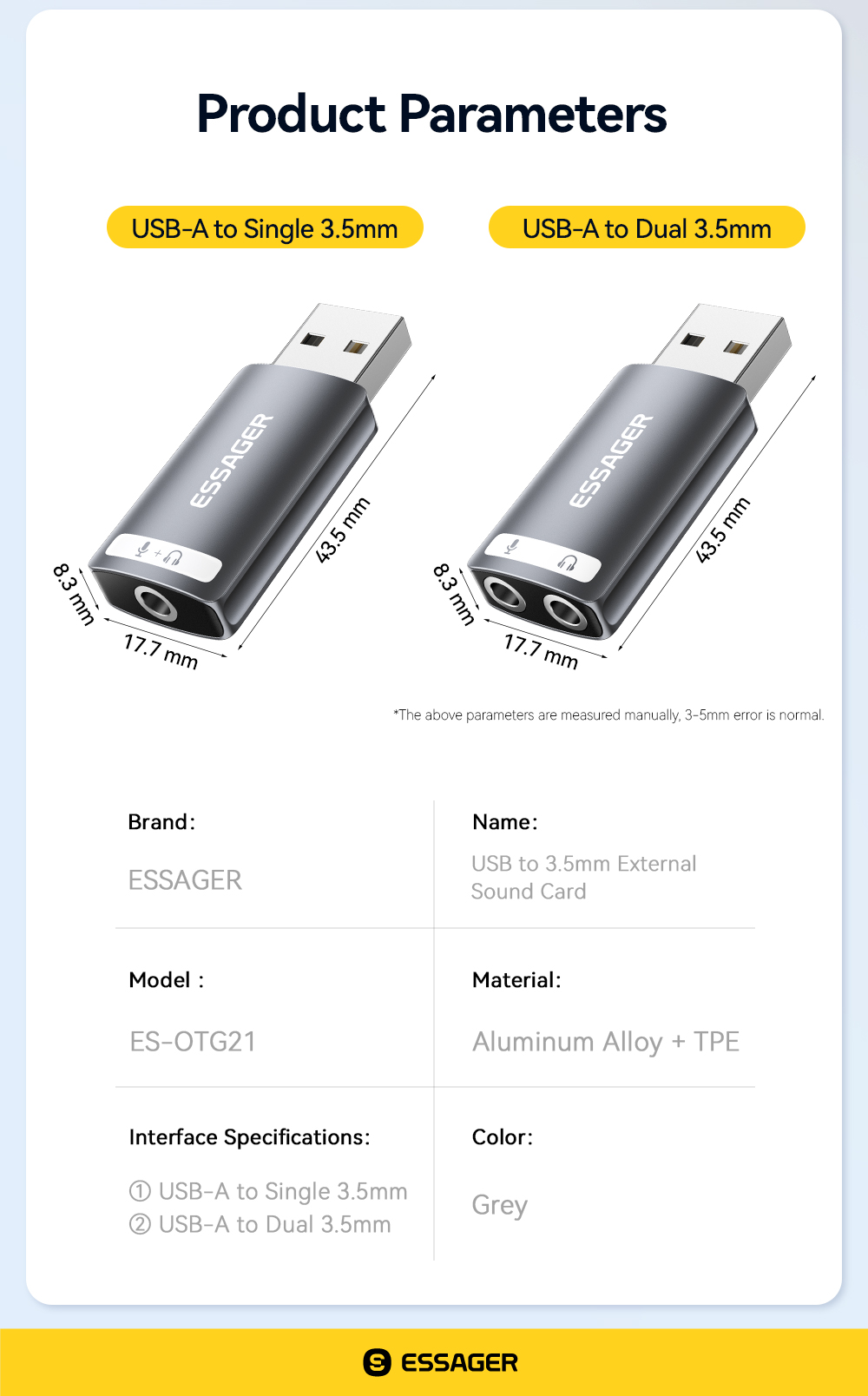 ESSAGER ES-OTG21 Series USB A To Aux Jack Audio Micro Adapter USB To 3.5mm Adapter