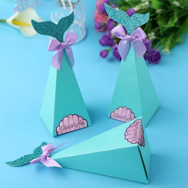 Mermaid Tail Paper Candy Box, Wedding Birthday Party Gift Boxes, Custom Logo Cookie Chocolate White Cardboard Carton Foldling Packaging Box with Ribbon