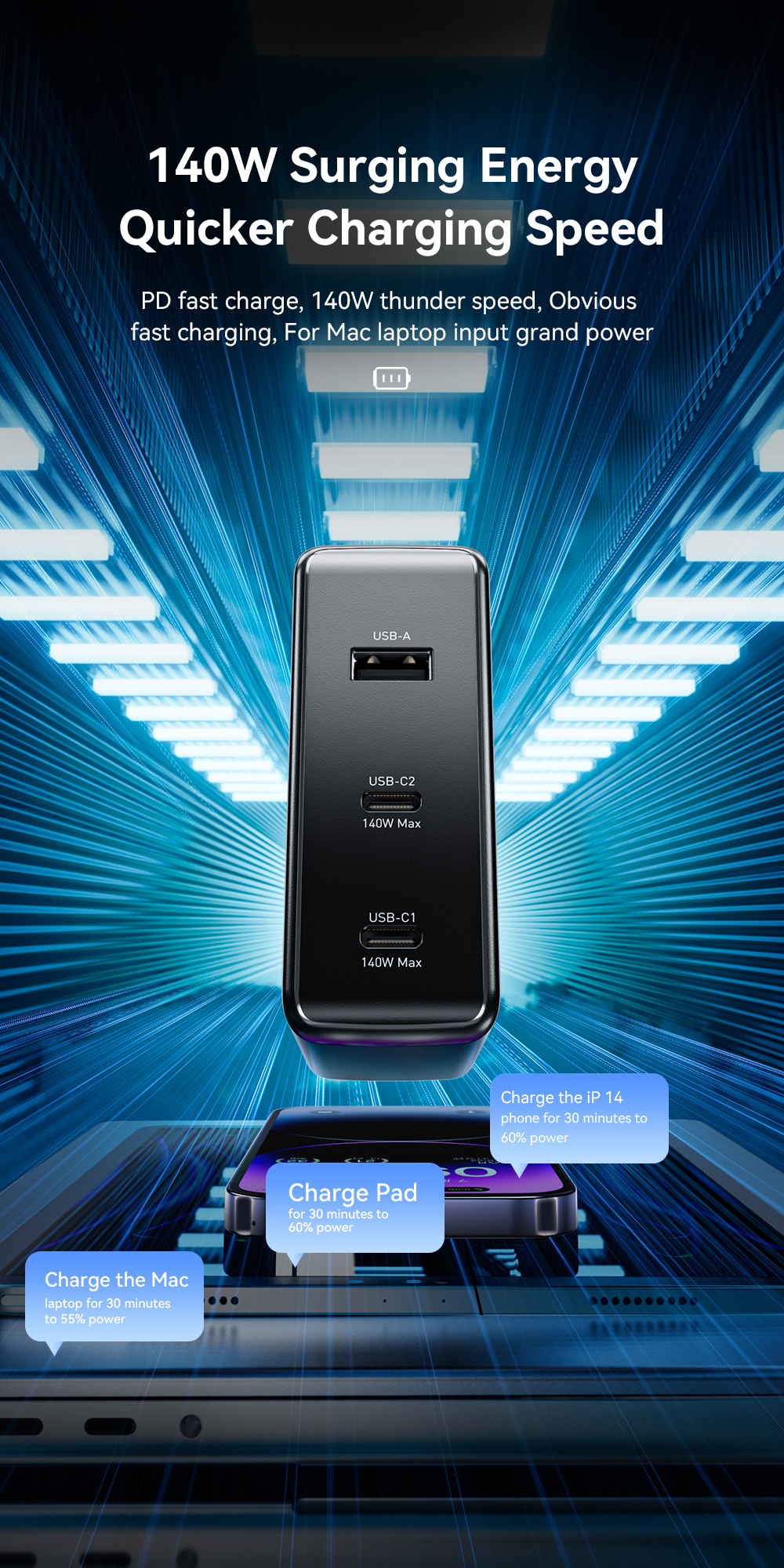 Mobile Phone GaN Chargers 140W With 3 Ports In 1 USB A 2 Type C PST-140C2A-LB-GAN Series