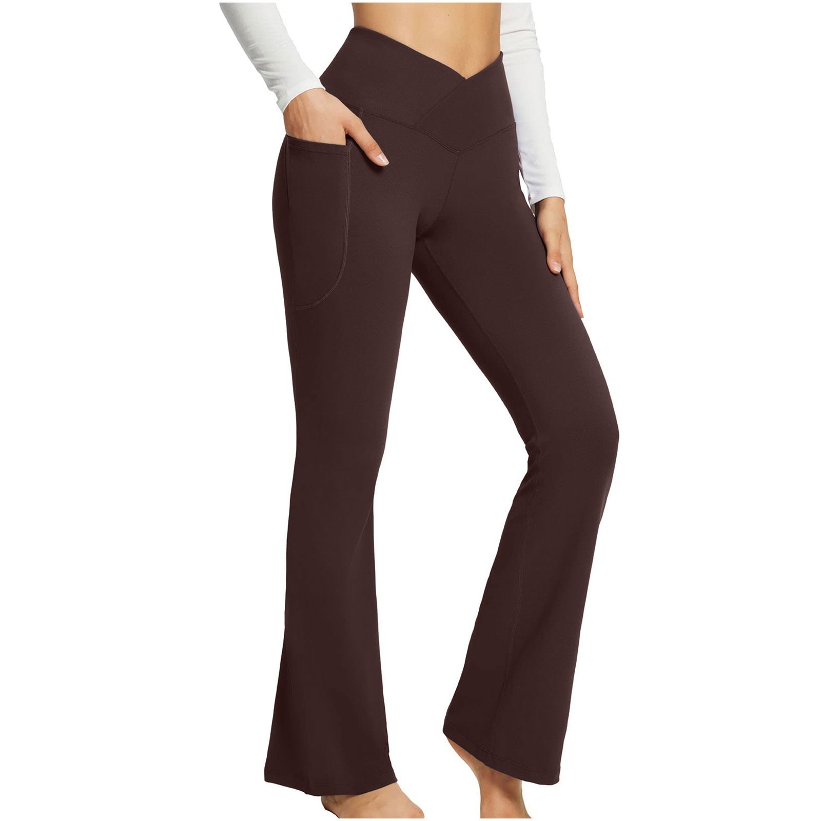 Women'S High Waist Flare Pants Trendy Crossover Yoga Pants Workout Bell Bottom Leggings With Pockets