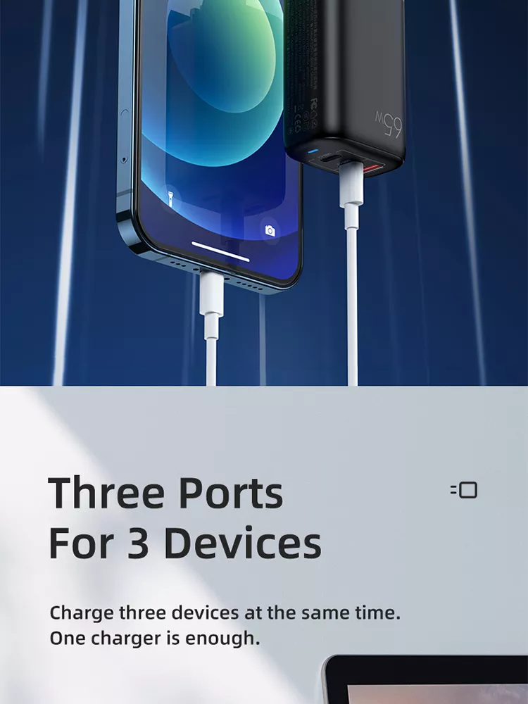 65W GaN 3 Ports USB Type-c Travel Adapter for High Speed Charging of Multiple Devices