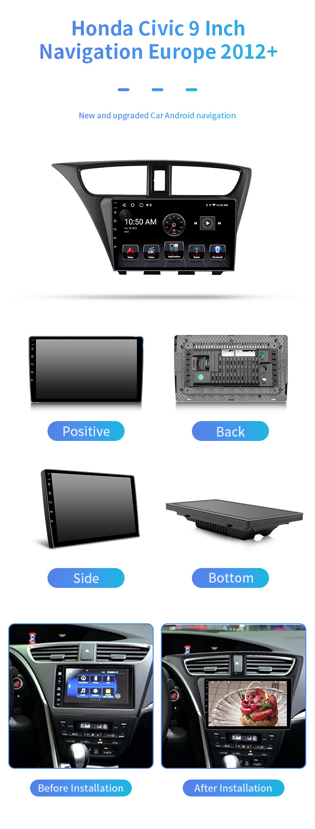 For Honda Civic Europe 2012+ Hd Night Vision Astern Video Bluetooth Car Navigation