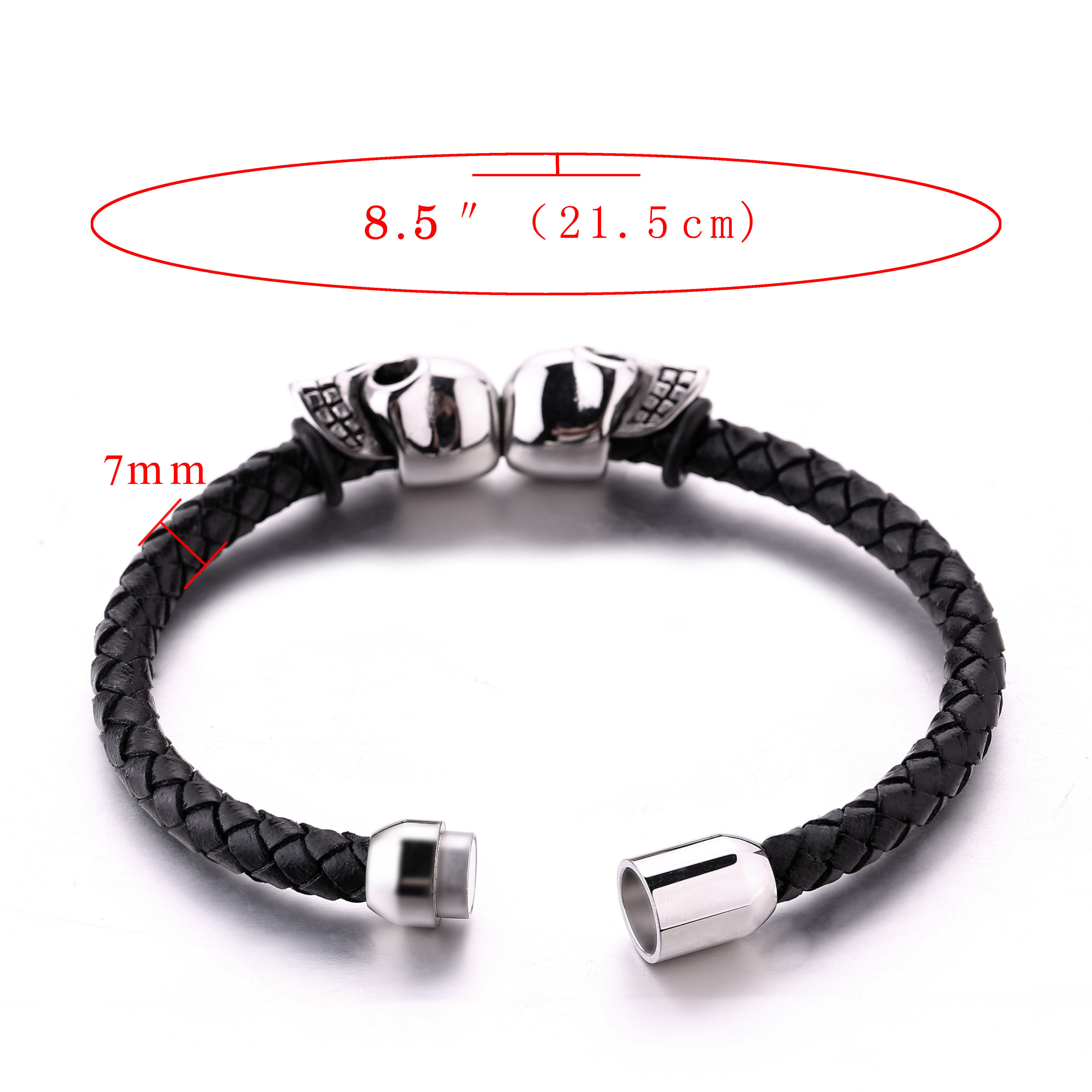 Fashion jewelry custom engraved leather bracelet stainless steel magnetic clasps leather men skull bracelet