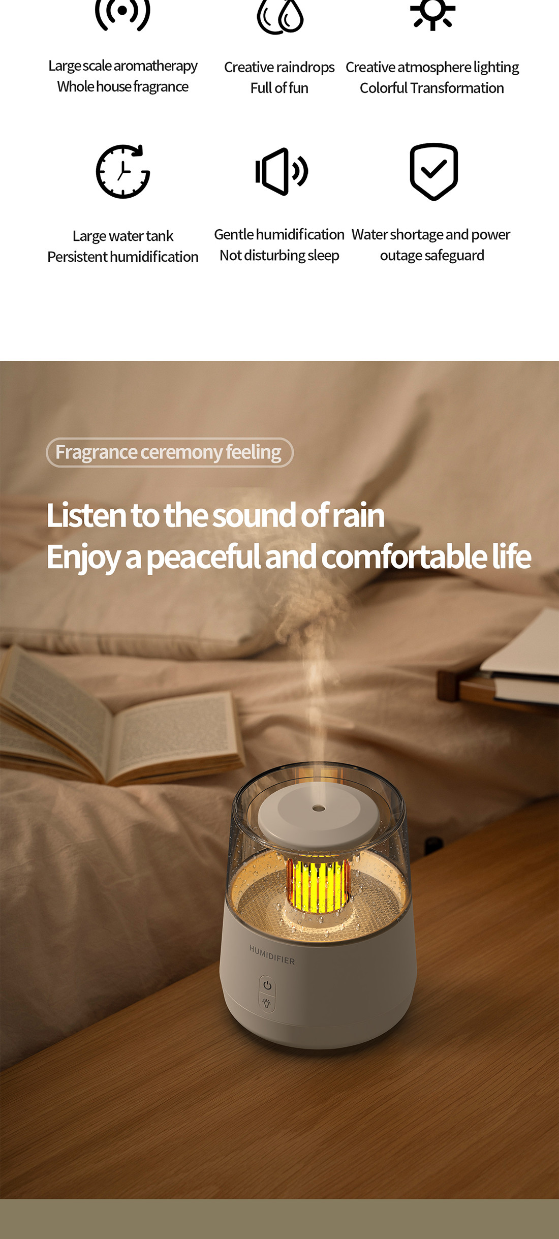 8Hrs Working Time Raindrop Aromatherapy Humidifier With Auto Shut Off