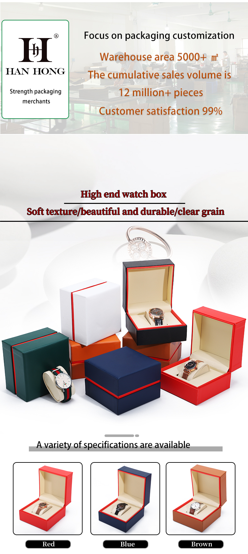 Soft Handy Stylish PU Leather Watch Packaging Box Red Edge Storage Case for Gift