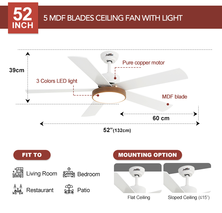 52" Simple Design 3 Color Dimmable Ceiling Fan Light Metal Material and 10 for Motor