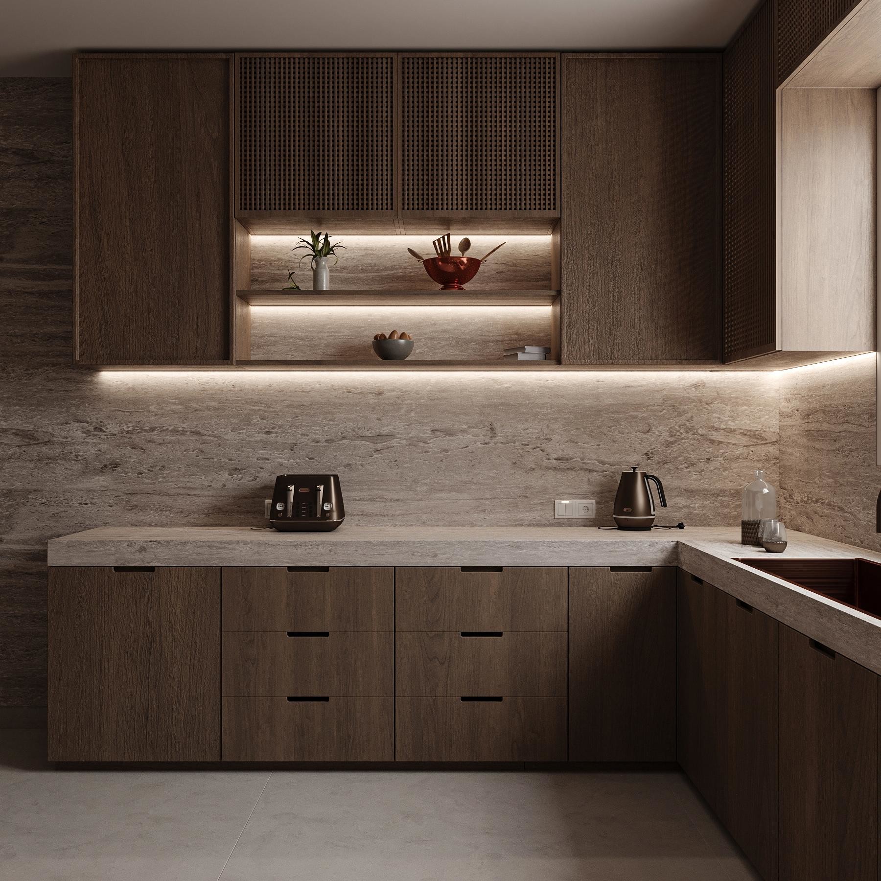 Minimalism Style Wood Veneer Wooden Kitchen Cabinet Modular Kitchen