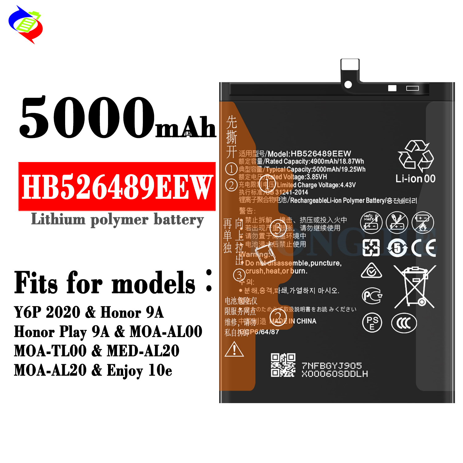 5000mAh RECHARGABLE Battery Replacement for Huawei Enjoy 10e/Honor Play 9A HB526489EEW