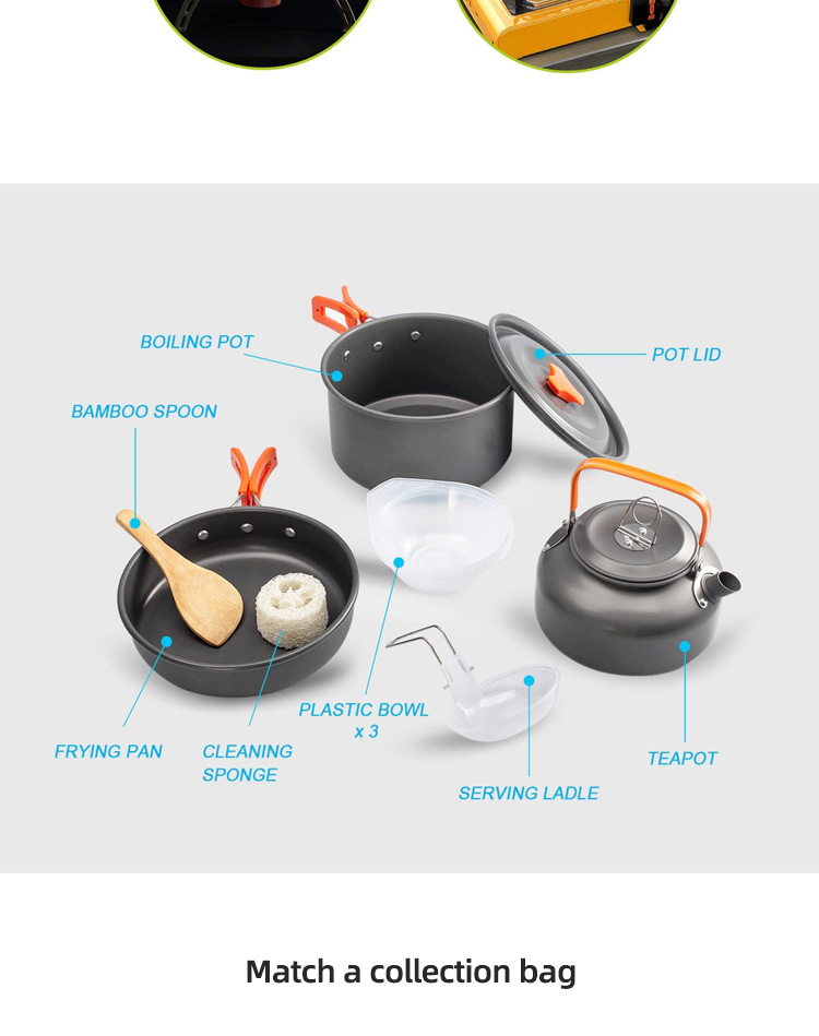 Best Selling Picnic Cookware Soup Pot Non-stick Camping Cookware Sets Aluminium Outdoor Cooking Pot Set With Storage Bag