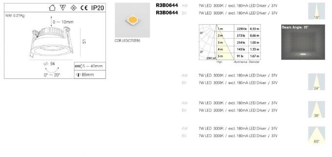 7w 240v Cutout 85mm Recessed Adjustable Dimmable Led Spot Downlights For Hotel