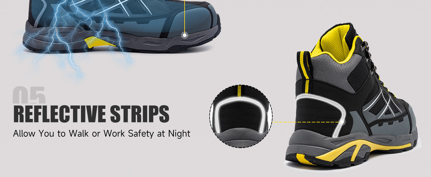 Black Unisex Reflective Strip Safety Boots with PU Rubber Sole for Anti-proof Work Shoes